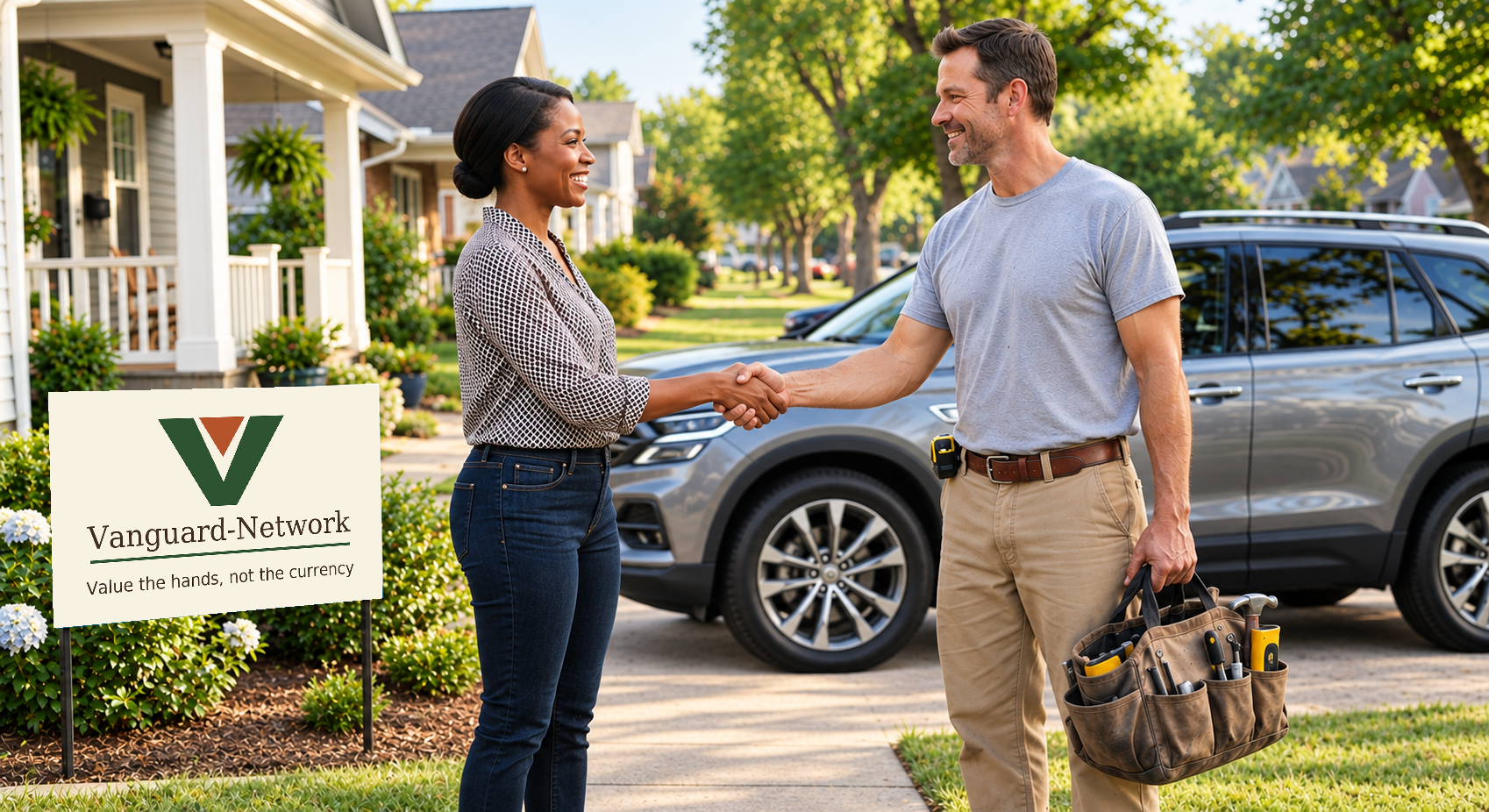 Two neighbours shaking hands in front of a home with a Vanguard-Network sign that reads Value the hands, not the currency